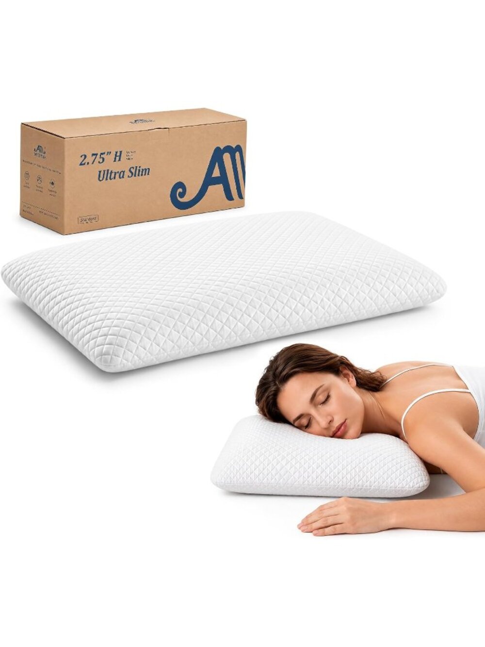 〽️2.75" Standard Size Flat Memory Foam Pillow Low Profile Neck Pain Relief White